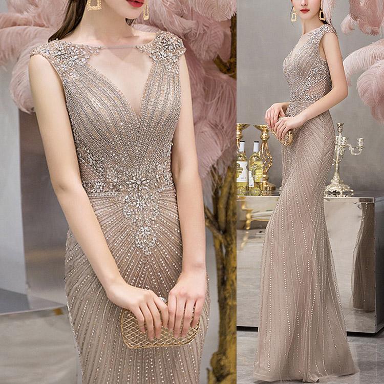 Mermaid Long Evening Dress With Cap Sleeves V-Neck Beadings Online-BallBride
