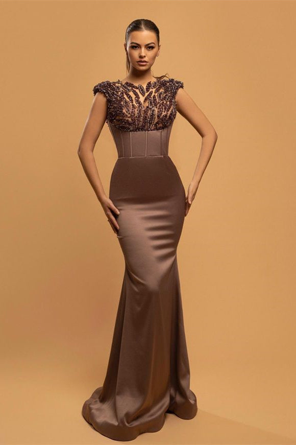 Mermaid Long Prom Dress with Chocolate Brown Cap Sleeves and Beads-BallBride