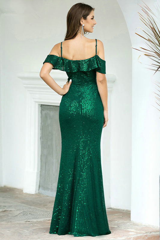 Mermaid Long Prom Dress with Ruffles - Green Sequins Online-BallBride