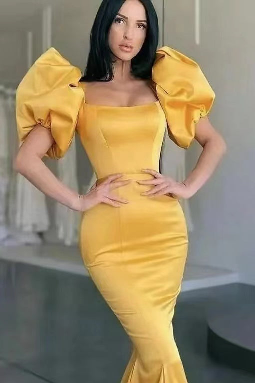 Mermaid Long Prom Dress with Yellow Square Bubble Sleeves-BallBride