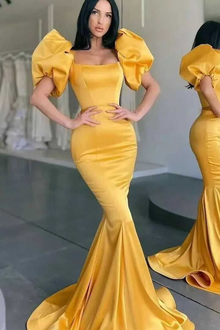Mermaid Long Prom Dress with Yellow Square Bubble Sleeves-BallBride