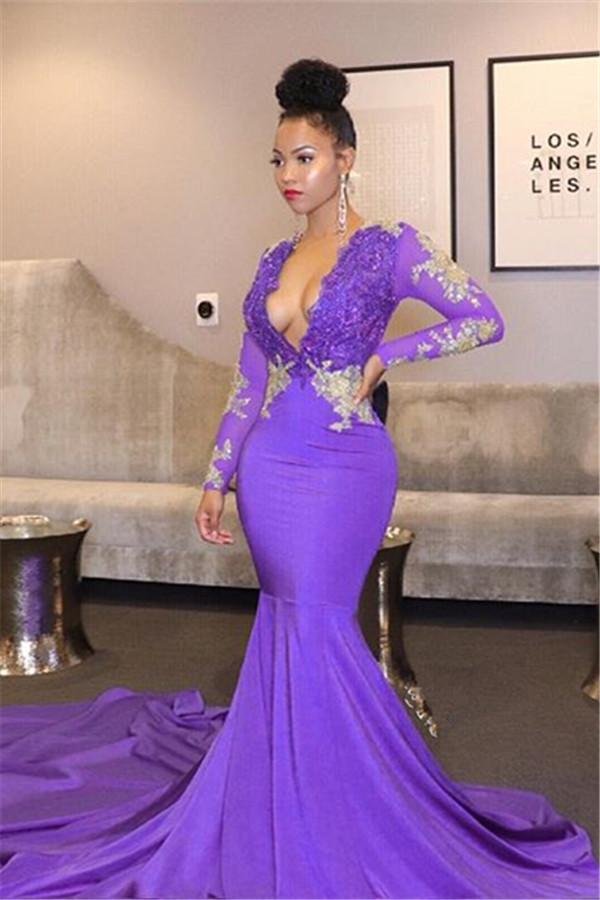 Mermaid Long Sleeve V-Neck Prom Dress with Lace Appliques-BallBride