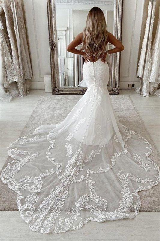 Mermaid Long Sleeveless Wedding Dress with Lace Appliques-BallBride