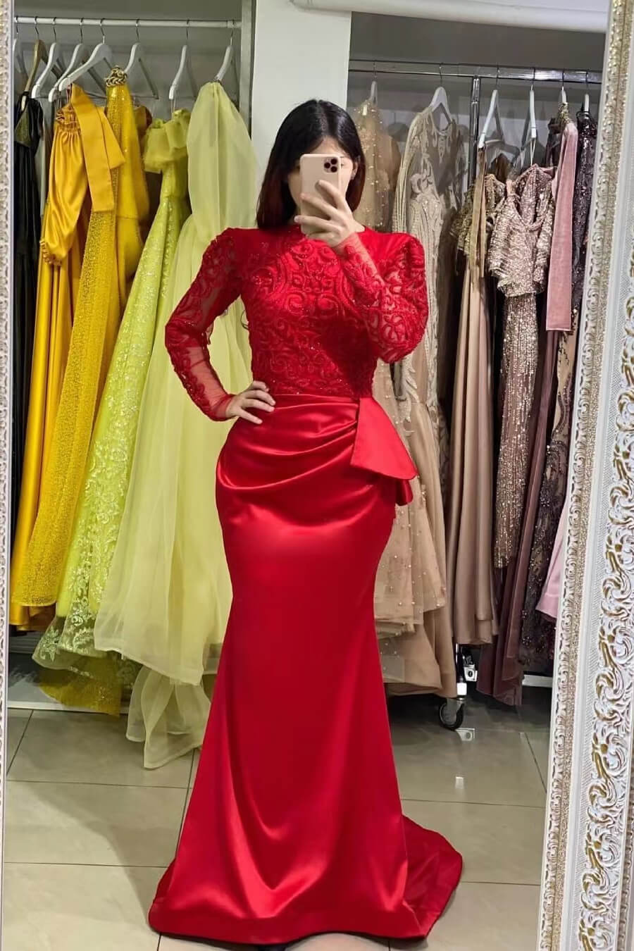 Mermaid Long Sleeves Prom Dress with Lace Appliques-BallBride