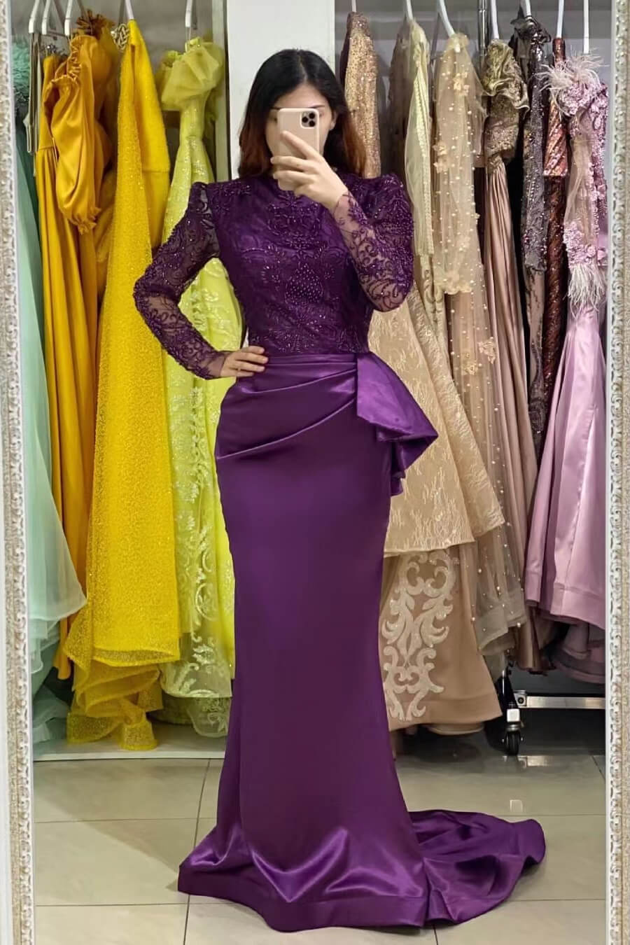 Mermaid Long Sleeves Prom Dress with Lace Appliques-BallBride