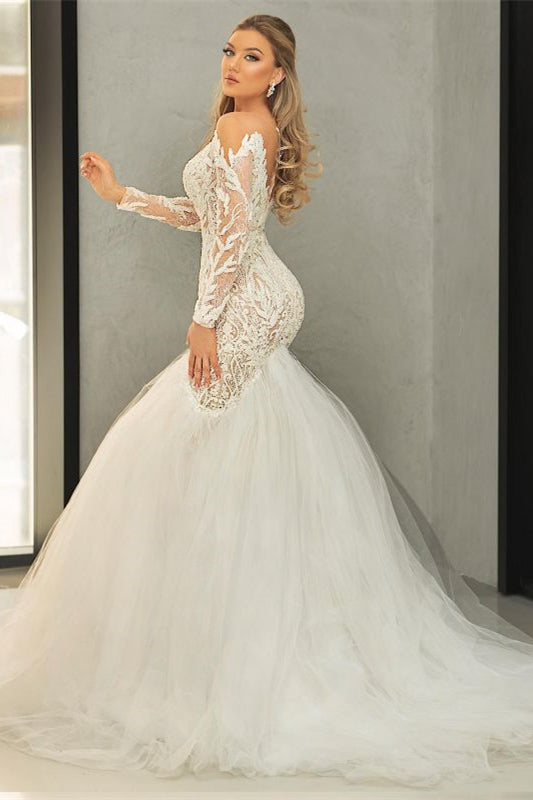 Mermaid Long Sleeves V-Neck Tulle Lace Wedding Dress - New Arrival-BallBride