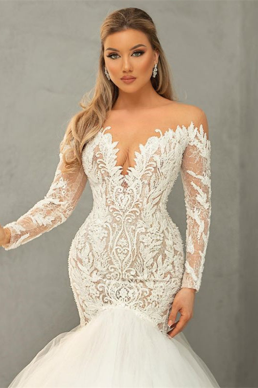 Mermaid Long Sleeves V-Neck Tulle Lace Wedding Dress - New Arrival-BallBride