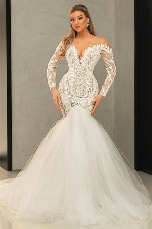 Mermaid Long Sleeves V-Neck Tulle Lace Wedding Dress - New Arrival-BallBride