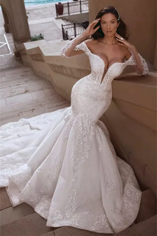 Mermaid Long Sleeves Wedding Dress with Charming Off-the-Shoulder and Lace Appliques-BallBride