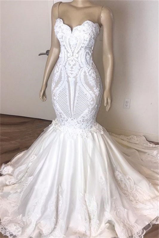 Mermaid Long Sweetheart Wedding Dress with Lace Appliques-BallBride