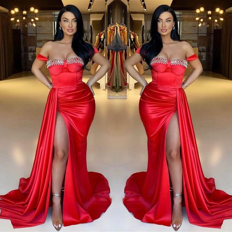 Mermaid Off-The-Shoulder Sweetheart Evening Dress with Beadings, Ruffles & Split Red-BallBride