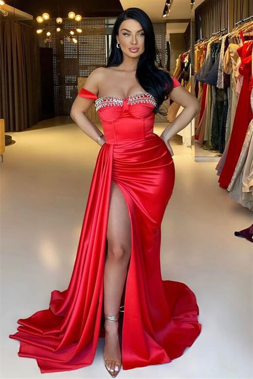 Mermaid Off-The-Shoulder Sweetheart Evening Dress with Beadings, Ruffles & Split Red-BallBride