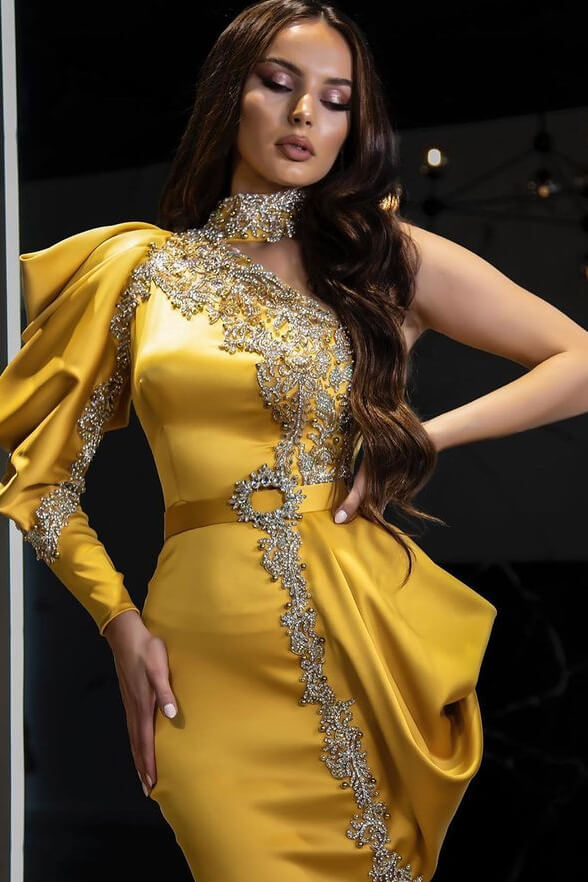 Mermaid One Shoulder Evening Dress With Beadings Halter in Yellow-BallBride