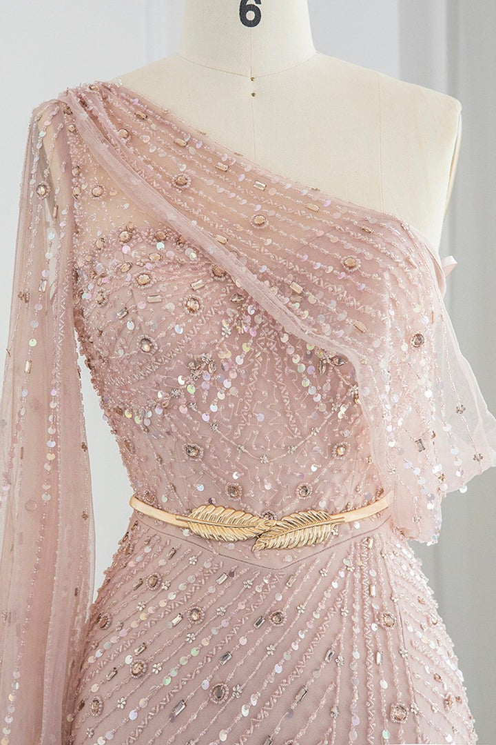 Mermaid One Shoulder Evening Dress with Sequin Appliques and Side Slit-BallBride