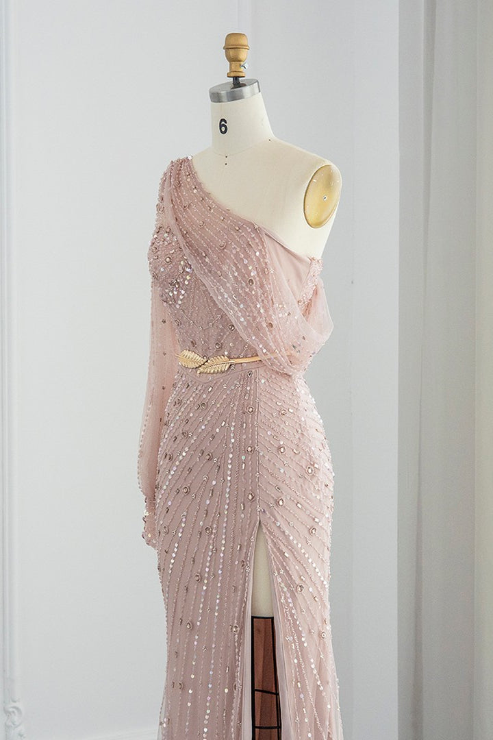 Mermaid One Shoulder Evening Dress with Sequin Appliques and Side Slit-BallBride