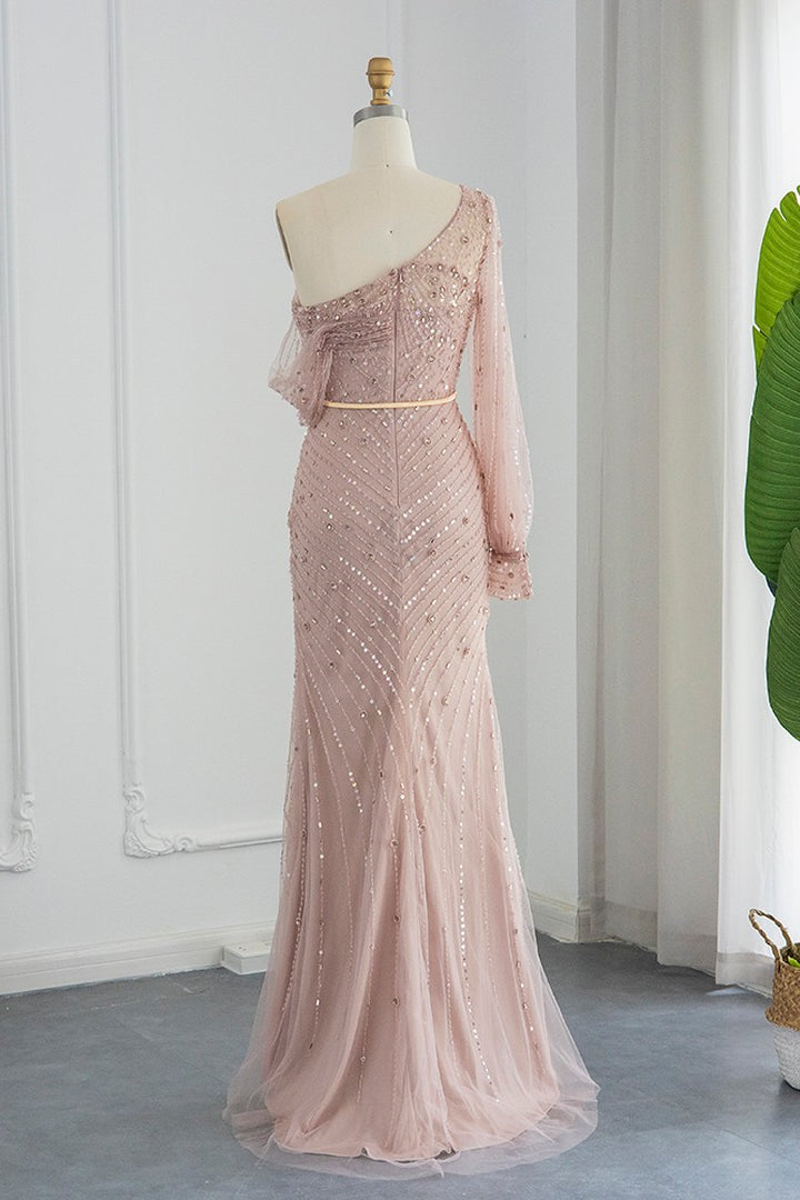 Mermaid One Shoulder Evening Dress with Sequin Appliques and Side Slit-BallBride