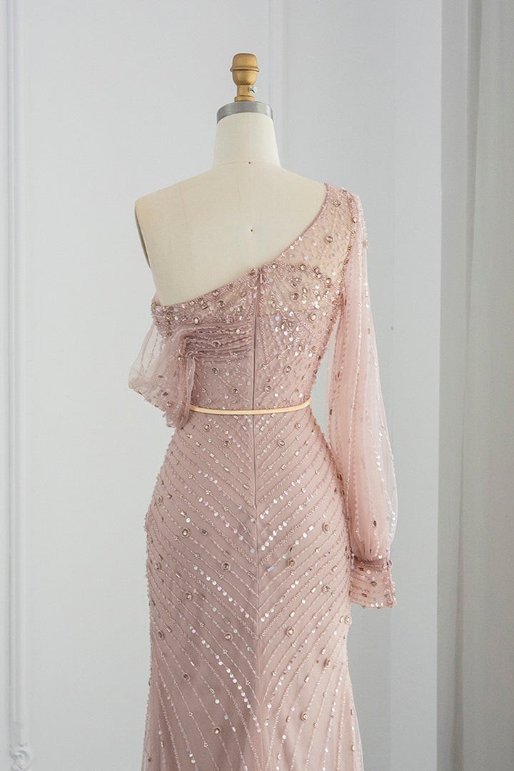 Mermaid One Shoulder Evening Dress with Sequin Appliques and Side Slit-BallBride