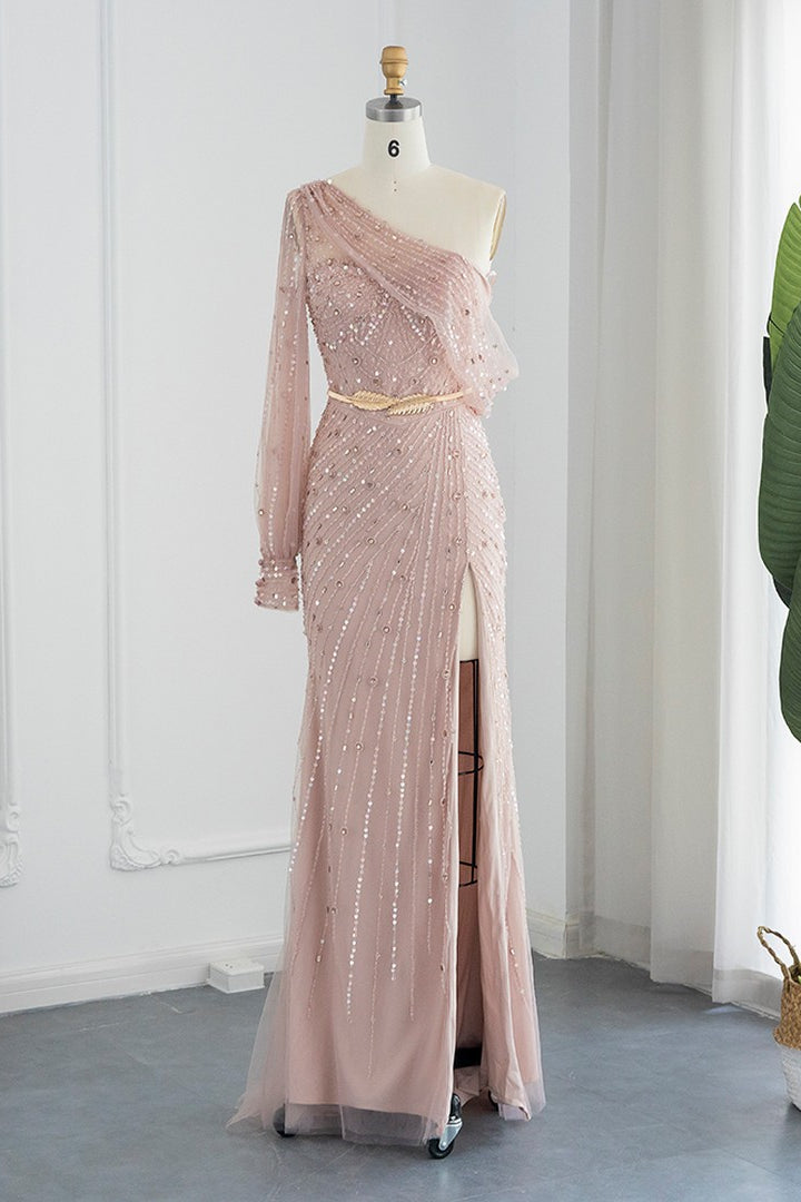 Mermaid One Shoulder Evening Dress with Sequin Appliques and Side Slit-BallBride