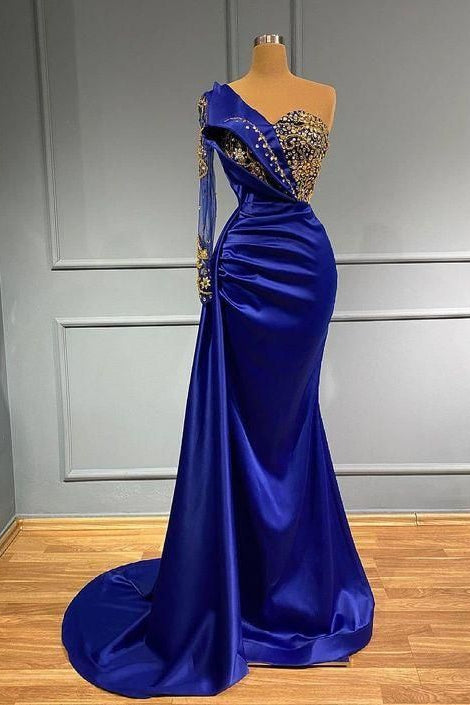 Mermaid One Shoulder Prom Dress - Chic Royal Blue Long Sleeves with Crystals-BallBride