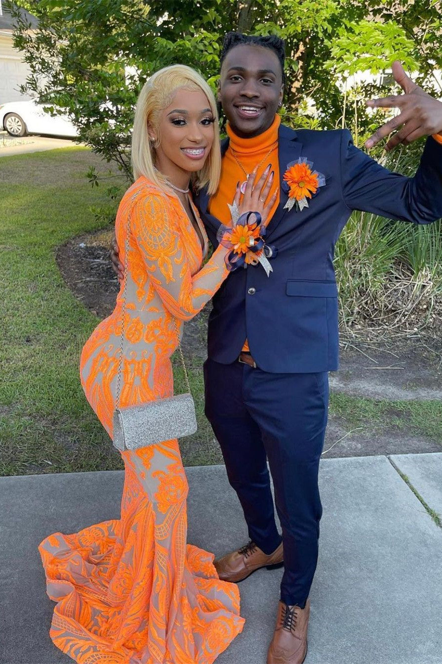 Mermaid Orange V-Neck Prom Dress with Long Sleeves-BallBride