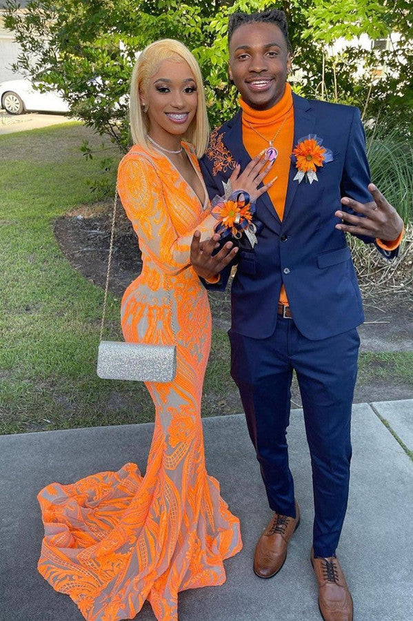 Mermaid Orange V-Neck Prom Dress with Long Sleeves-BallBride