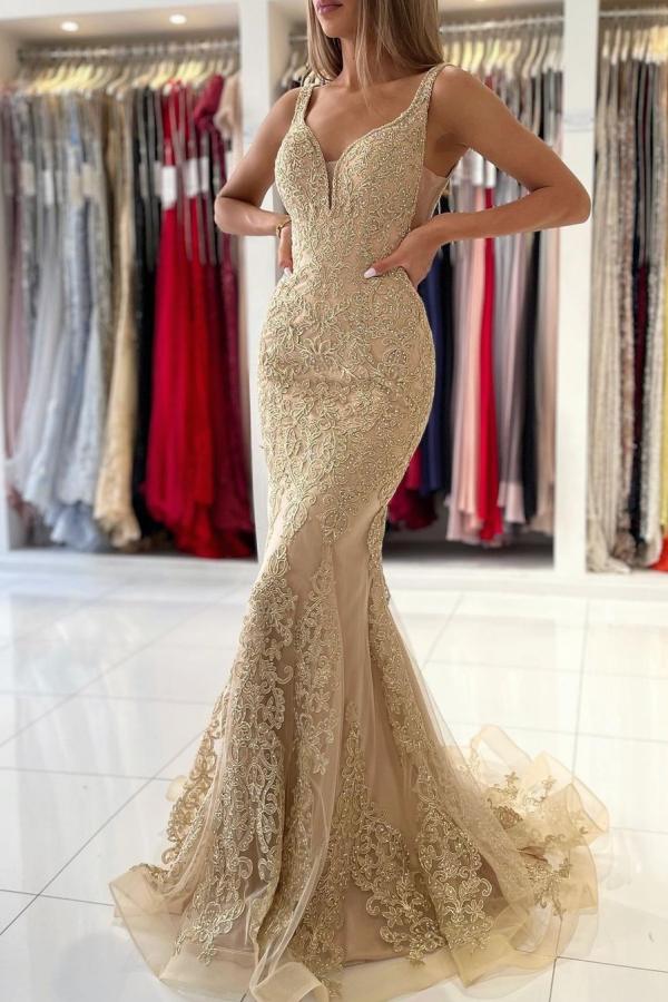 Mermaid Prom Dress - Amazing Gold Appliques & Long Sleeves-BallBride