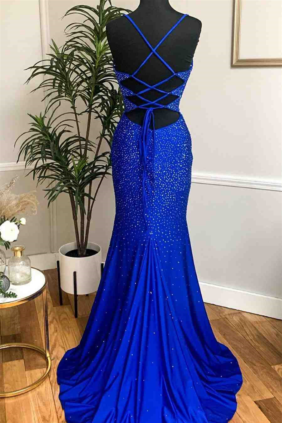 Mermaid Prom Dress in Royal Blue with Spaghetti-Straps and Appliques-BallBride