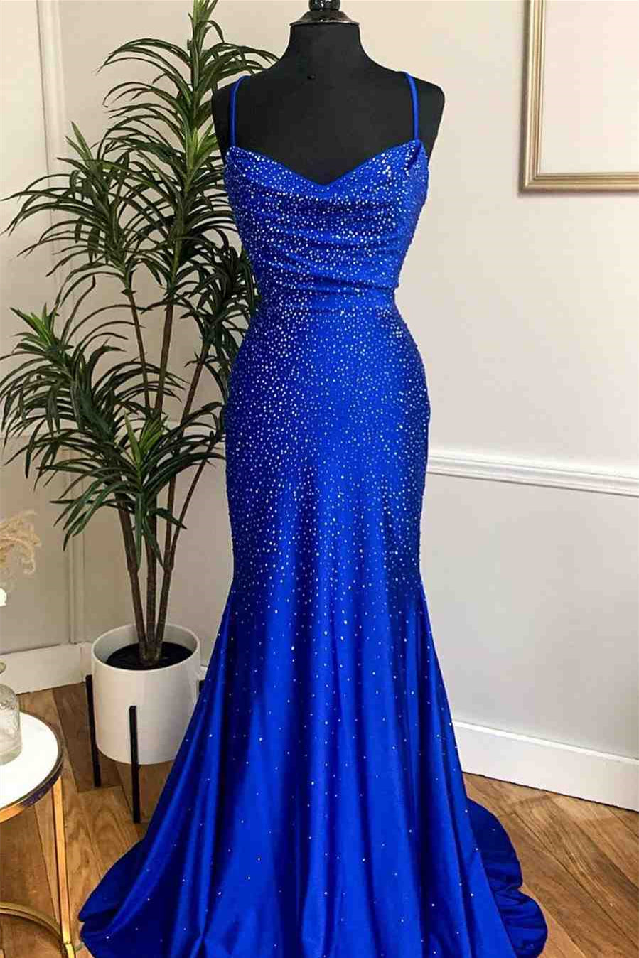 Mermaid Prom Dress in Royal Blue with Spaghetti-Straps and Appliques-BallBride