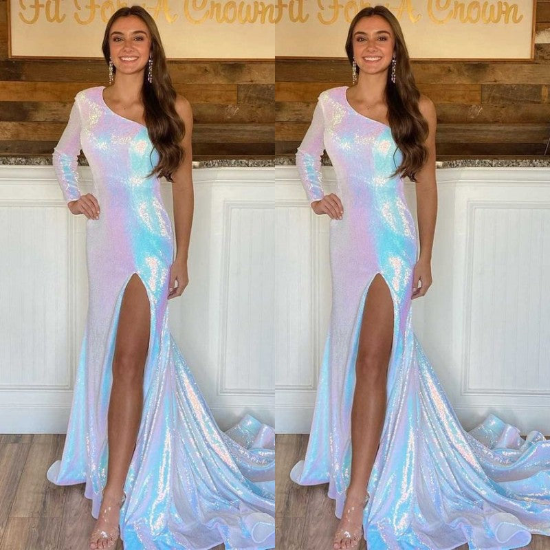 Mermaid Prom Dress: Modern One Shoulder Long Sleeves Sequins With Split-BallBride