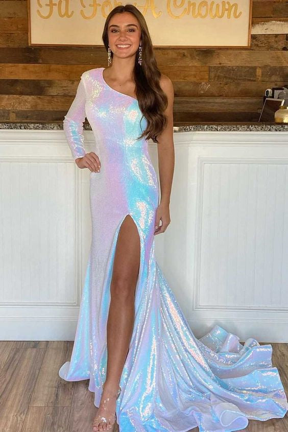 Mermaid Prom Dress: Modern One Shoulder Long Sleeves Sequins With Split-BallBride