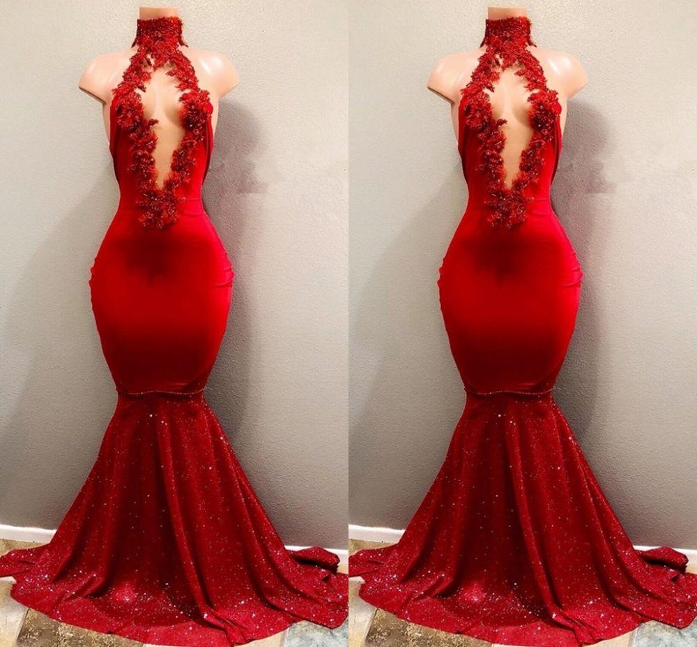 Mermaid Prom Dress - Red High Neck Glittering-BallBride