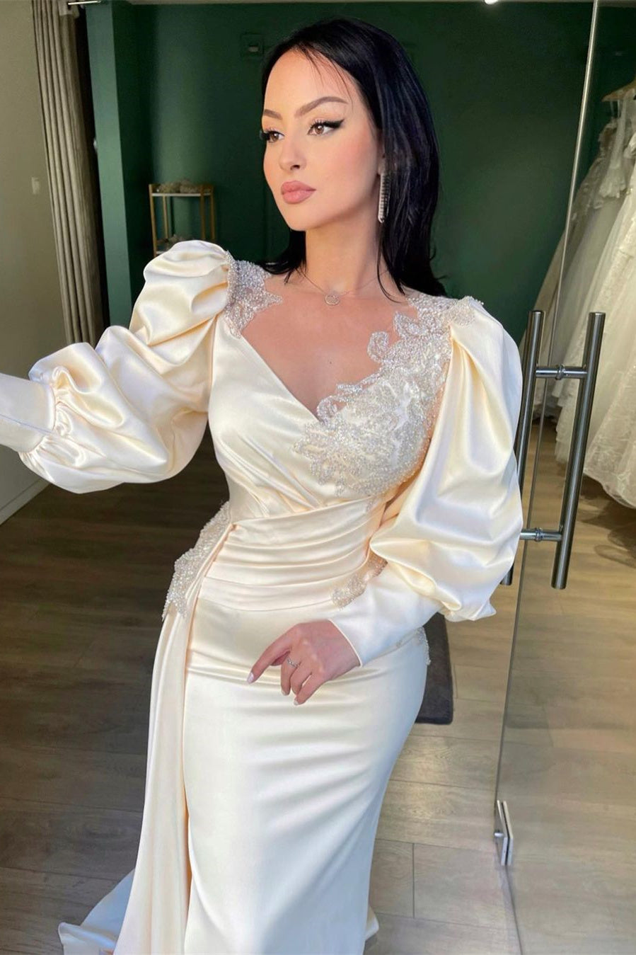 Mermaid Prom Dress with Appliques Ruffles and Long Puff Sleeves-BallBride