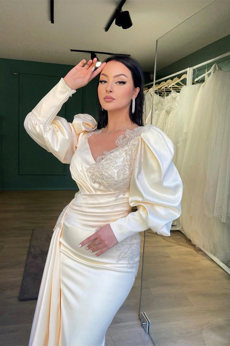 Mermaid Prom Dress with Appliques Ruffles and Long Puff Sleeves-BallBride