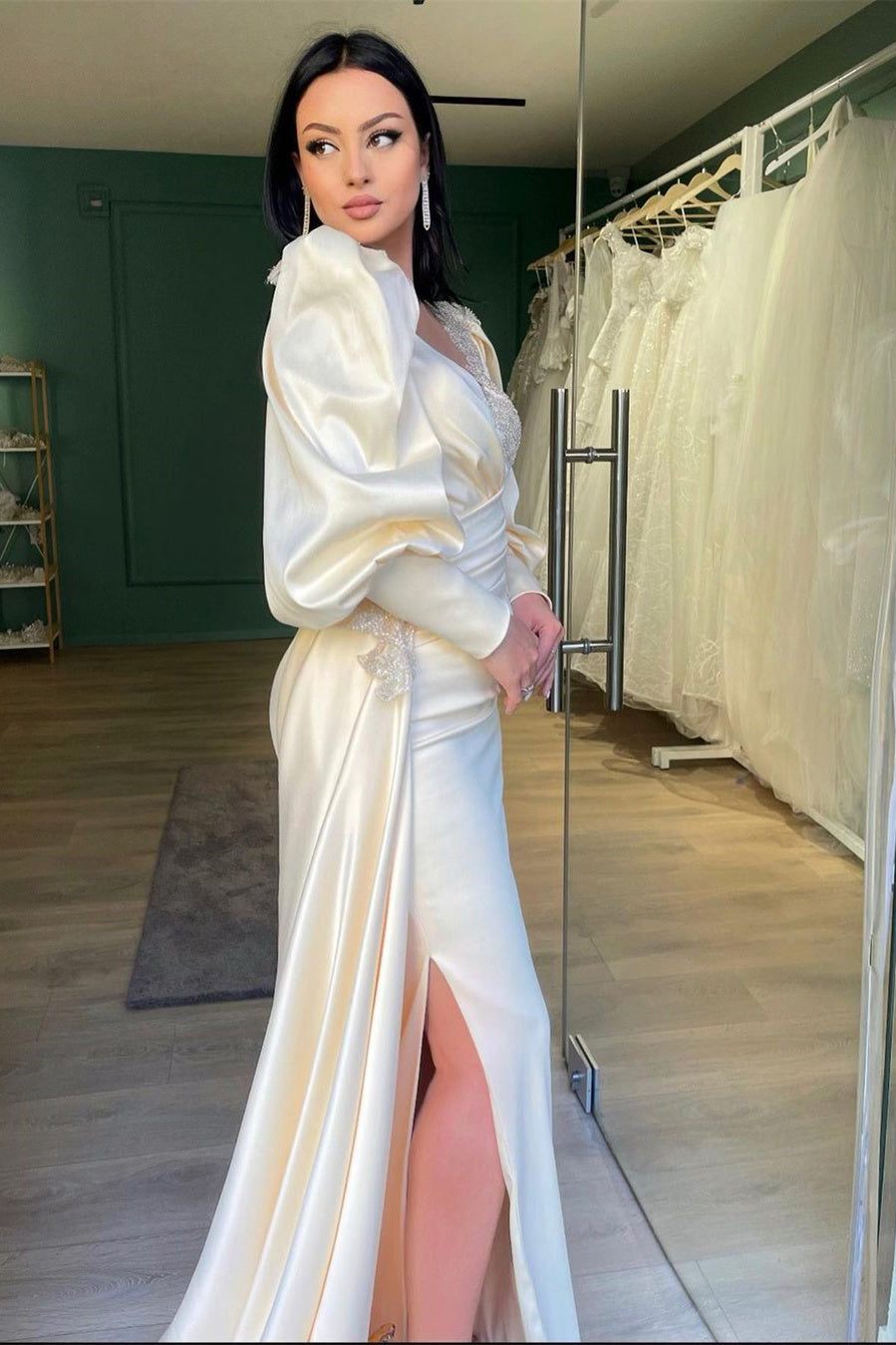 Mermaid Prom Dress with Appliques Ruffles and Long Puff Sleeves-BallBride