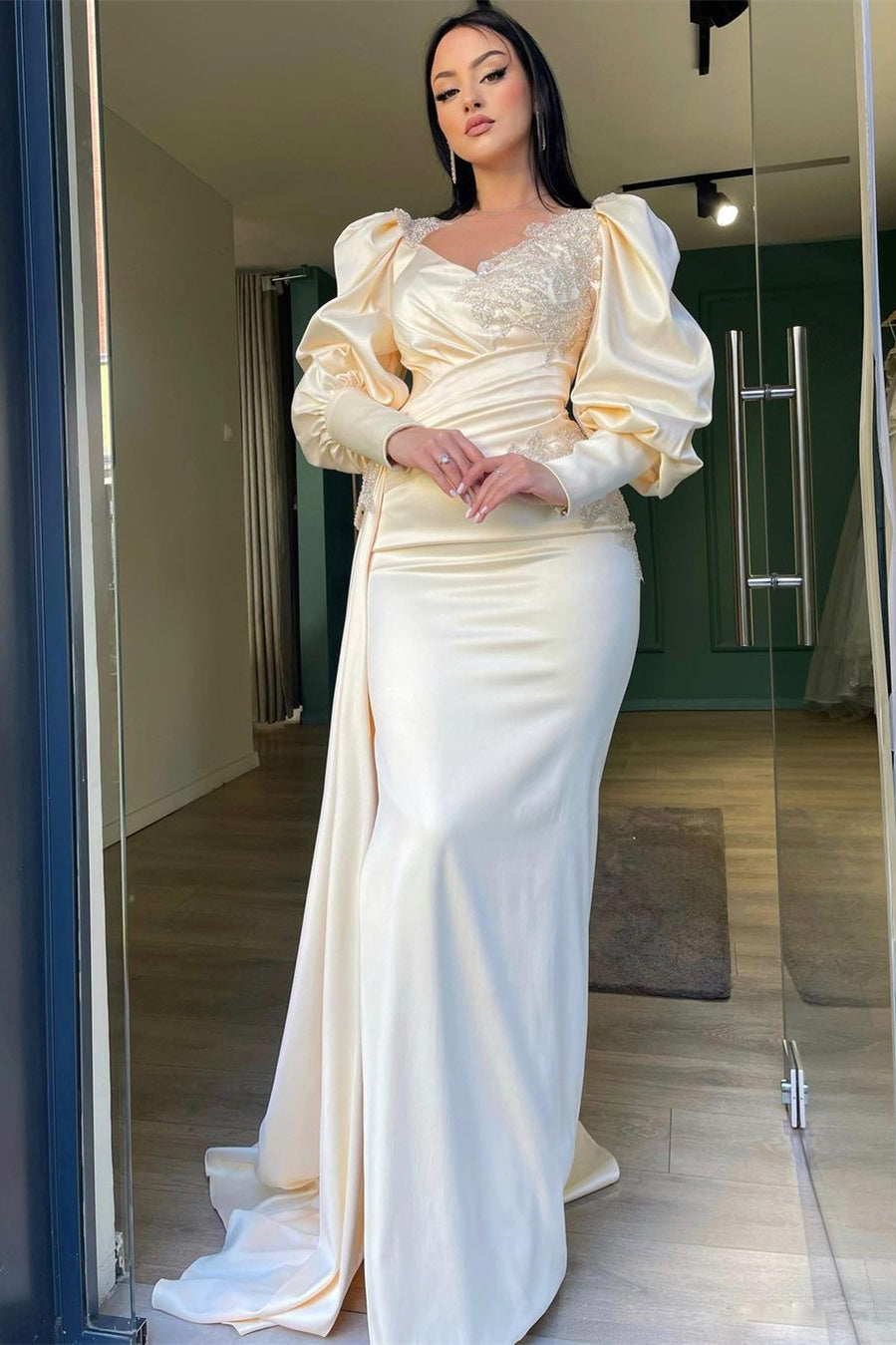 Mermaid Prom Dress with Appliques Ruffles and Long Puff Sleeves-BallBride