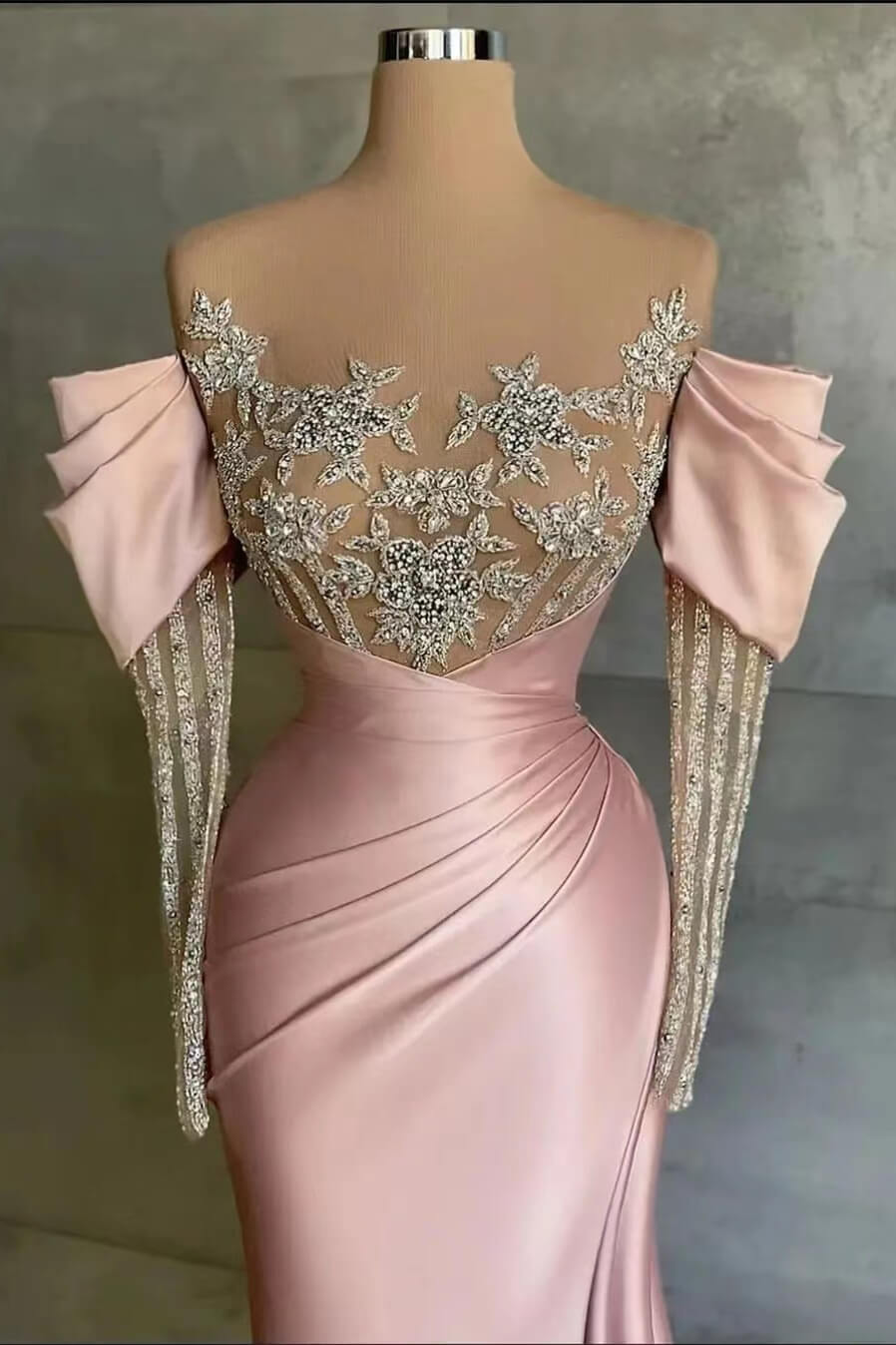 Mermaid Prom Dress with Beadings and Appliques - Off-The-Shoulder Pink Front Split Long Sleeves-BallBride