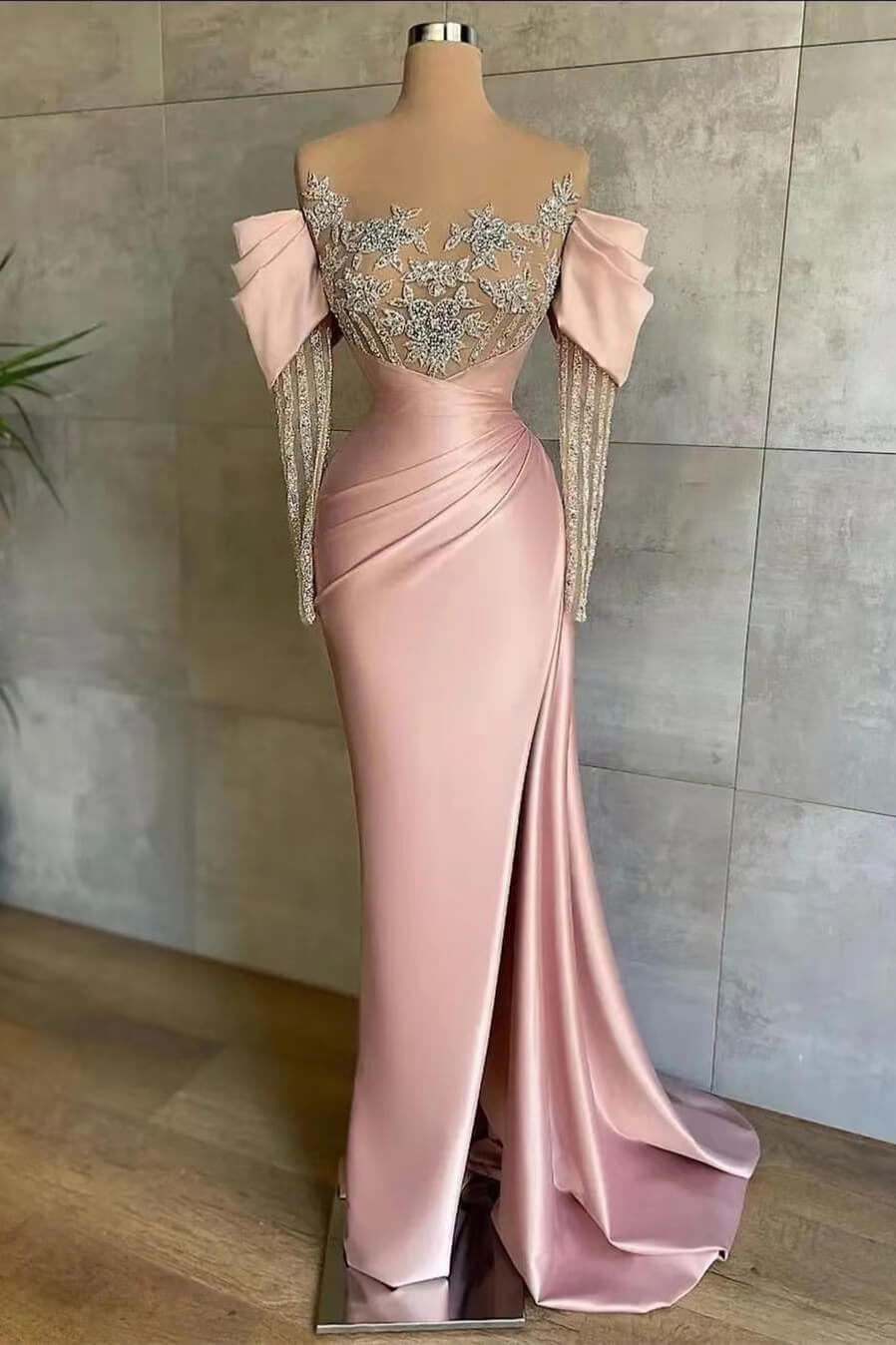 Mermaid Prom Dress with Beadings and Appliques - Off-The-Shoulder Pink Front Split Long Sleeves-BallBride