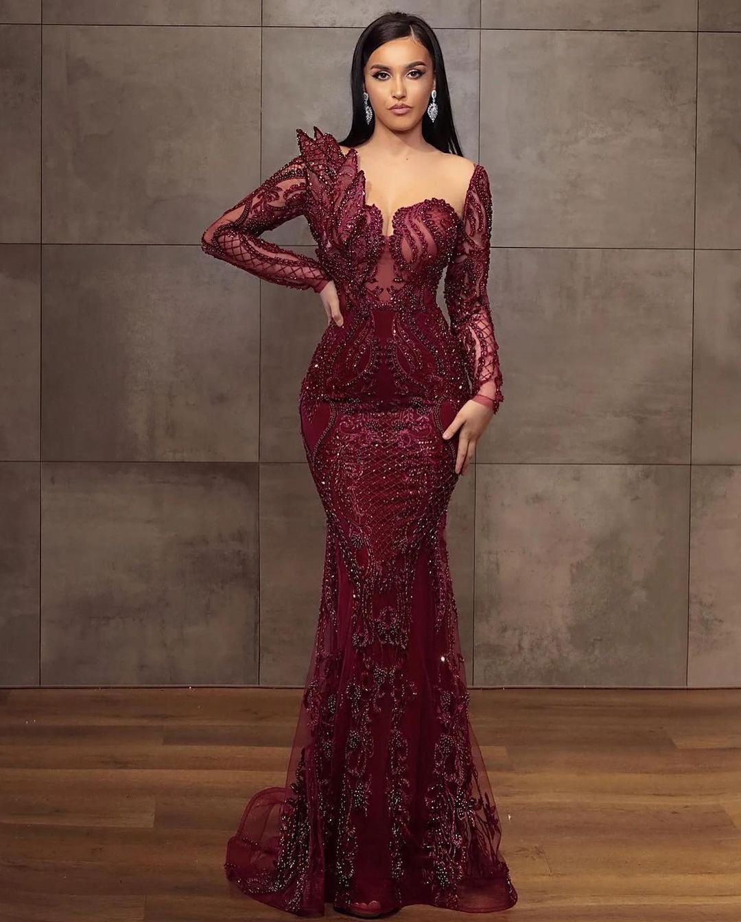 Mermaid Prom Dress with Beadings - Charming Cabernet Long Sleeves-BallBride