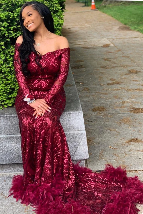 Mermaid Prom Dress with Burgundy Sequins and Feather Long Sleeves-BallBride