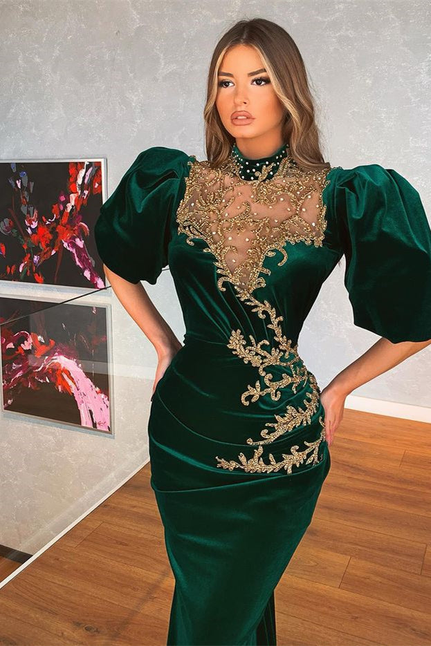 Mermaid Prom Dress with Dark Green Bubble Sleeves and Appliques-BallBride