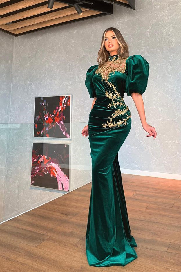 Mermaid Prom Dress with Dark Green Bubble Sleeves and Appliques-BallBride