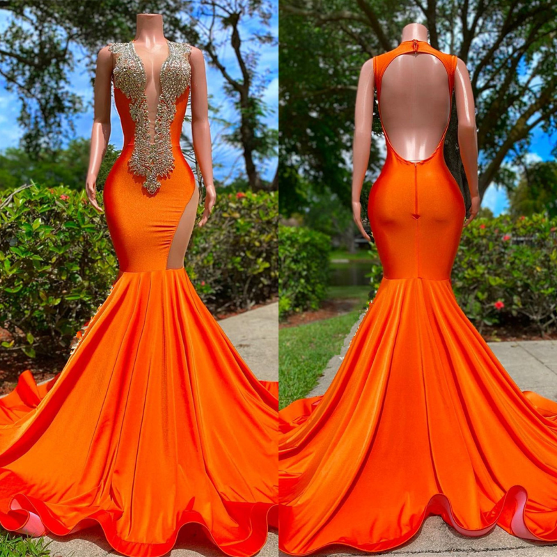 Mermaid Prom Dress with Fabulous Orange Beadings - Sleeveless Deep V-Neck-BallBride