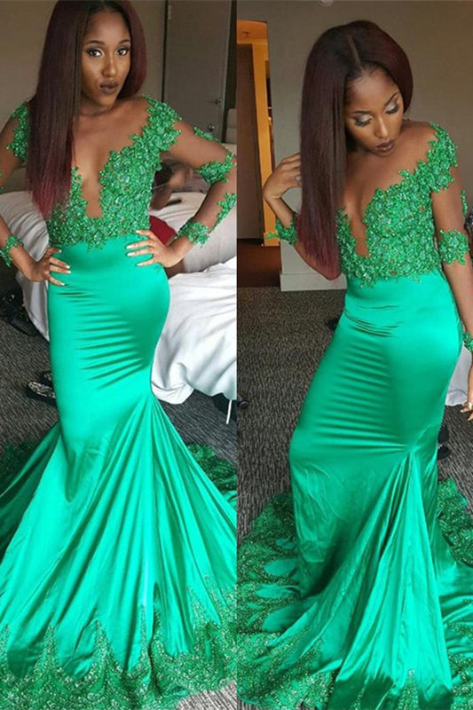 Mermaid Prom Dress with Lace Appliques - Modern Emerald Green Long Sleeves-BallBride