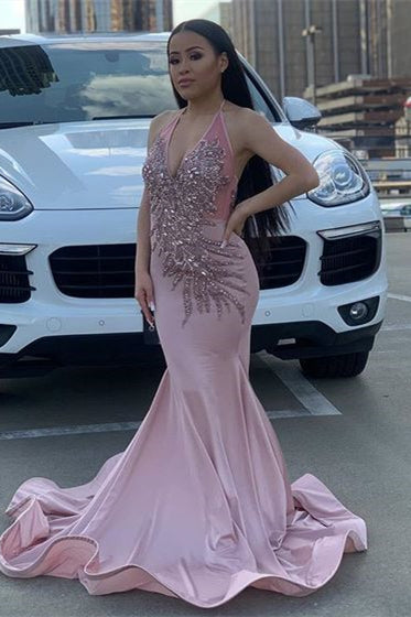 Mermaid Prom Dress with Pink Halter Sleeveless and Flower Appliques-BallBride