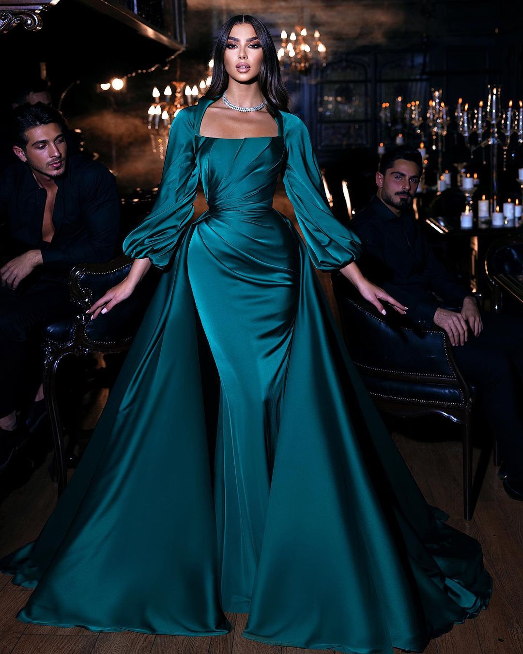 Mermaid Prom Dress with Ruffles and Square Emerald Long Sleeves-BallBride
