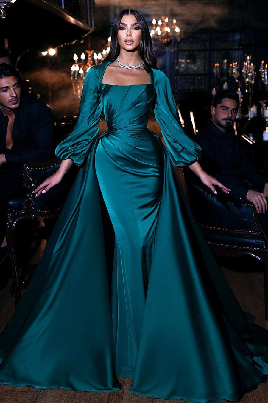 Mermaid Prom Dress with Ruffles and Square Emerald Long Sleeves-BallBride