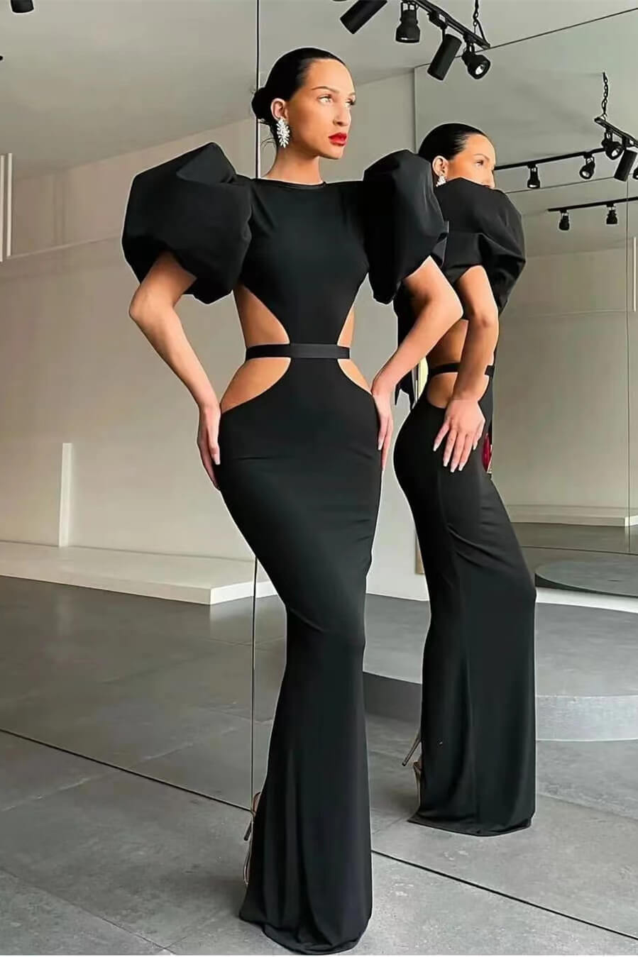 Mermaid Puff Sleeves Evening Dress - Shine Black-BallBride