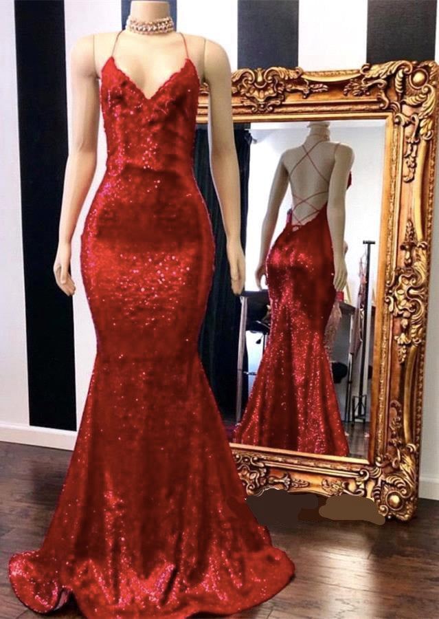 Mermaid Red Long Prom Dress with Sequins and Spaghetti Straps-BallBride