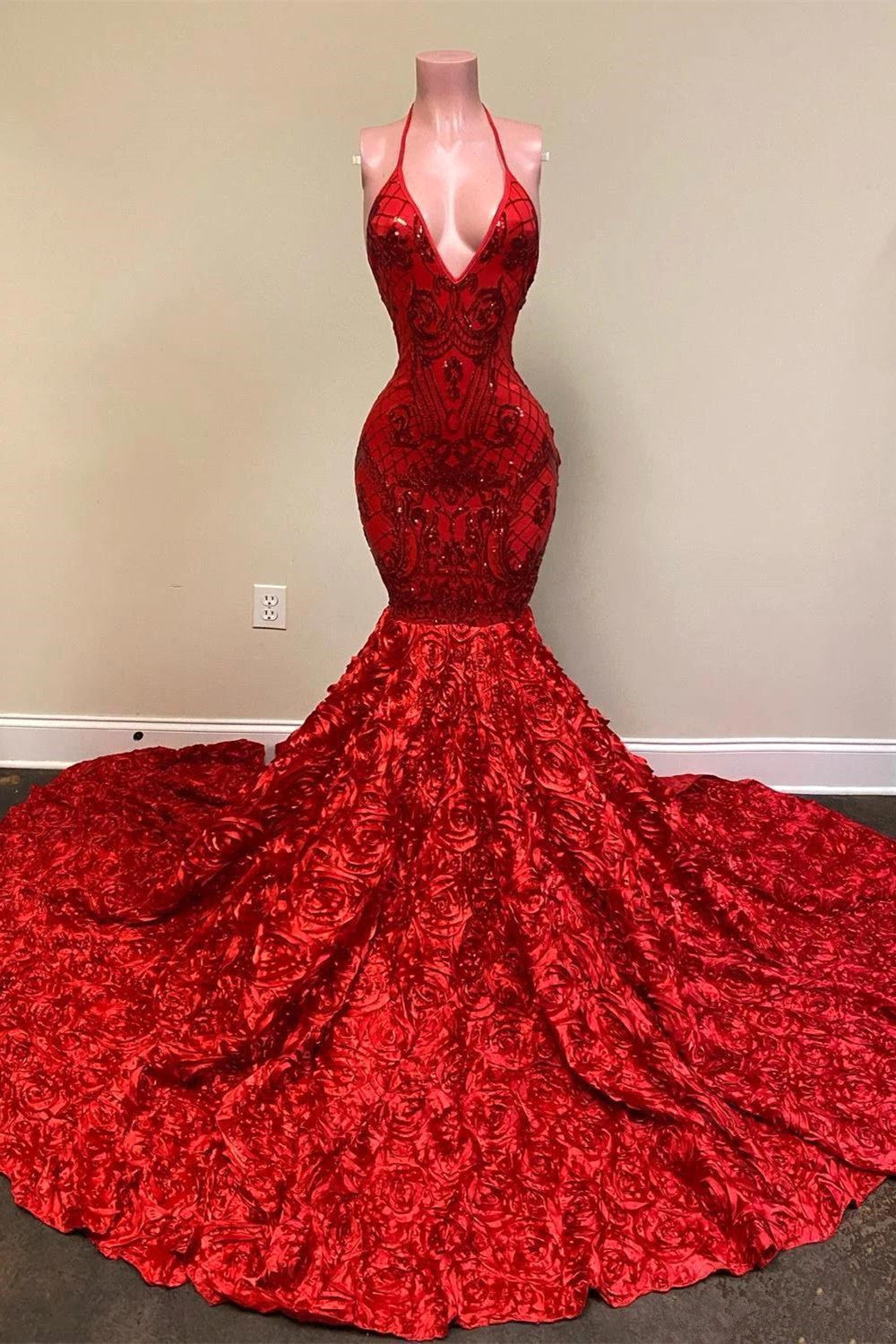 Mermaid Red Sequins Prom Dress with Spaghetti-Straps-BallBride