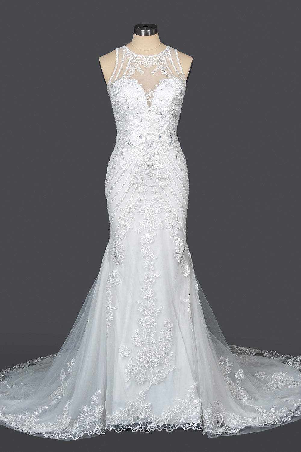 Mermaid Scoop Jewel Wedding Dress with Beadings Appliques-BallBride